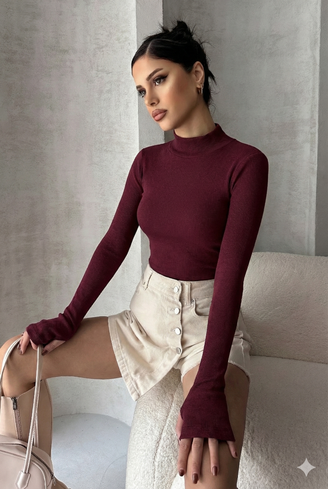 Kadın Parmak Geçme Detaylı Fitilli Body S - Bordo