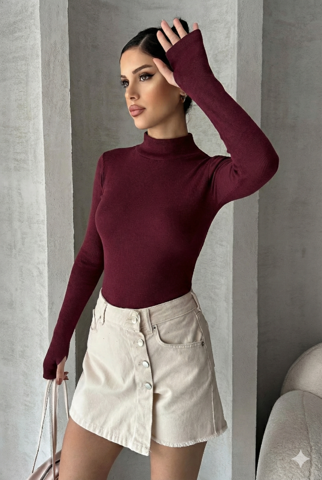 Kadın Parmak Geçme Detaylı Fitilli Body L - Bordo
