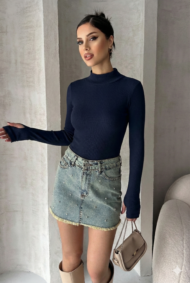 Kadın Parmak Geçme Detaylı Fitilli Body M - Lacivert