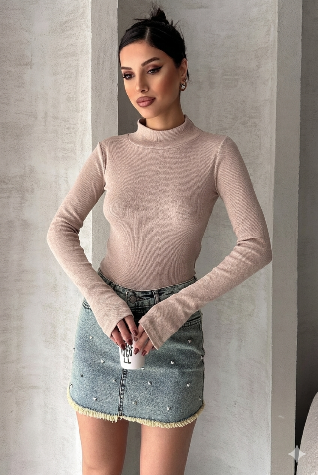 Kadın Parmak Geçme Detaylı Fitilli Body XL - Bej