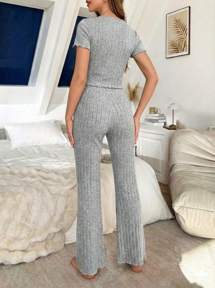 Fiyonk Detaylı Kısa Kol Pamuklu Kadın Pijama Takımı Gri - XL