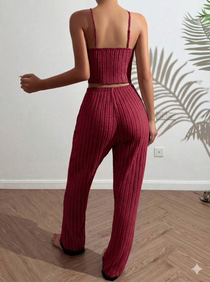 Askılı Dantelli ve Fiyonk Detaylı Pijama Takımı Bordo - XL