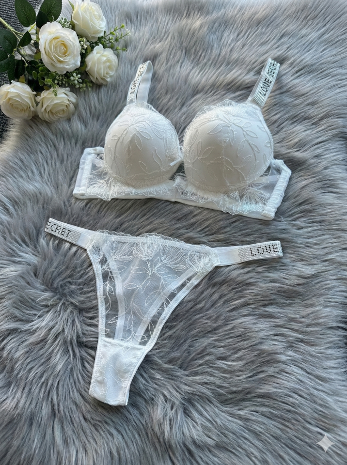 Dantelli Taşlı Askılı Dolgulu Sütyen Takım 90B - Beyaz