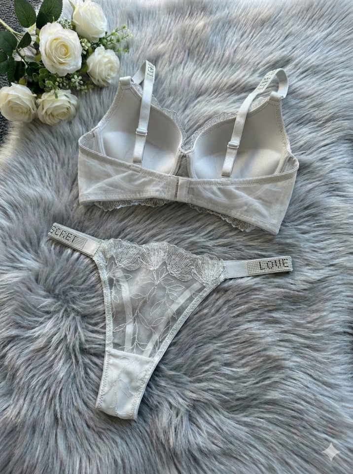 Dantelli Taşlı Askılı Dolgulu Sütyen Takım 90B - Gri