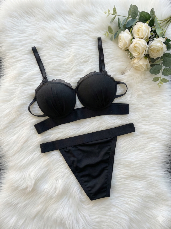 Dolgulu Destekli Dantel Sütyen Külot Takım 90B - Siyah