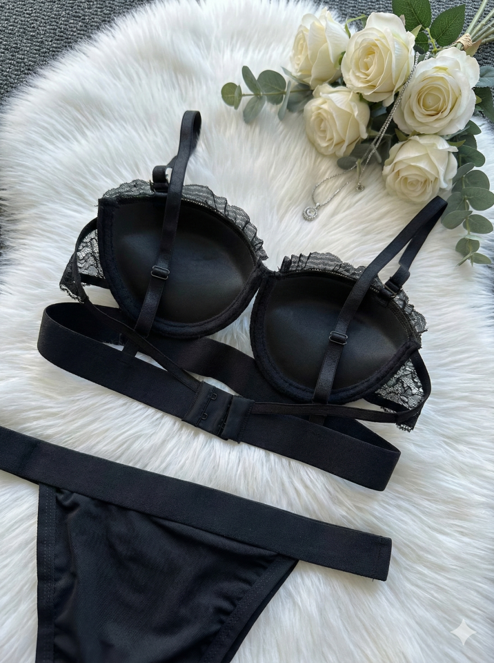 Dolgulu Destekli Dantel Sütyen Külot Takım 90B - Siyah