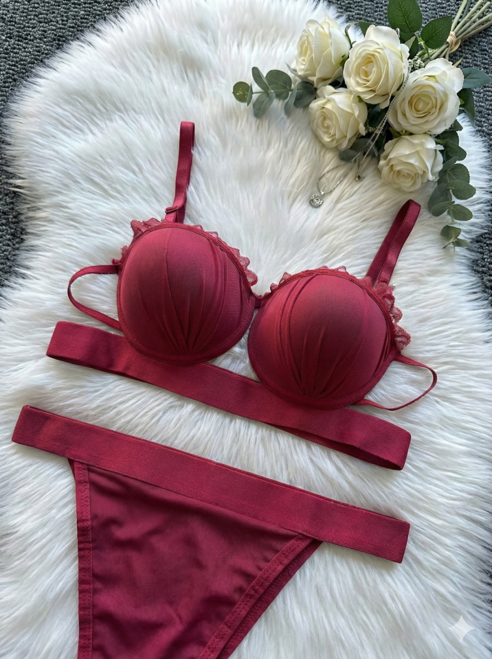Dolgulu Destekli Dantel Sütyen Külot Takım 90B - Bordo