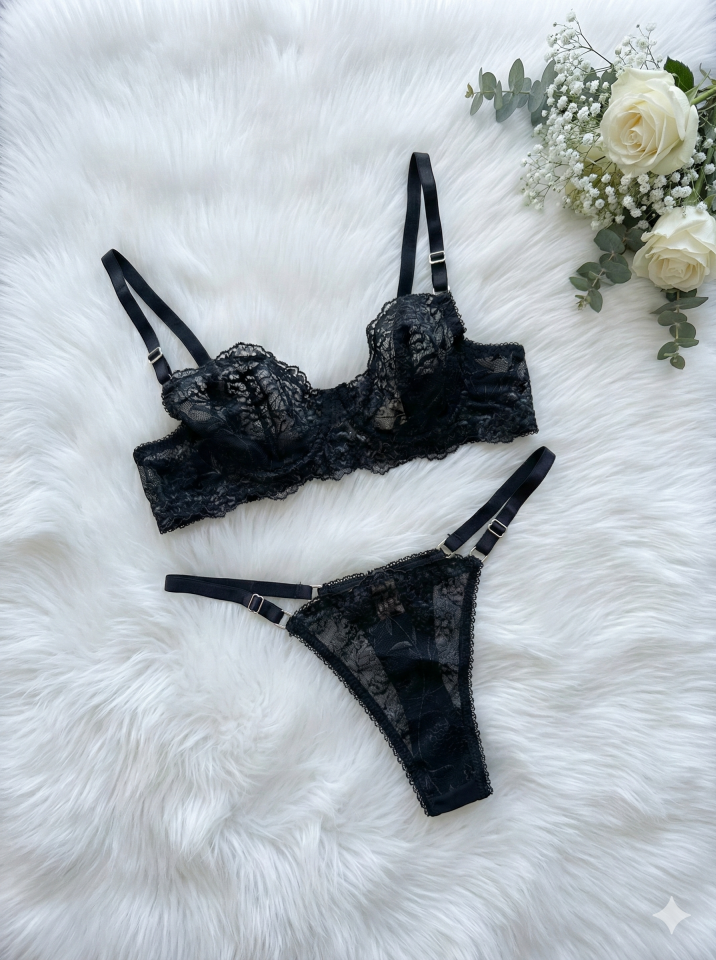 Dantelli Balenli Sütyen Iç Çamaşır Takım 90B - Siyah