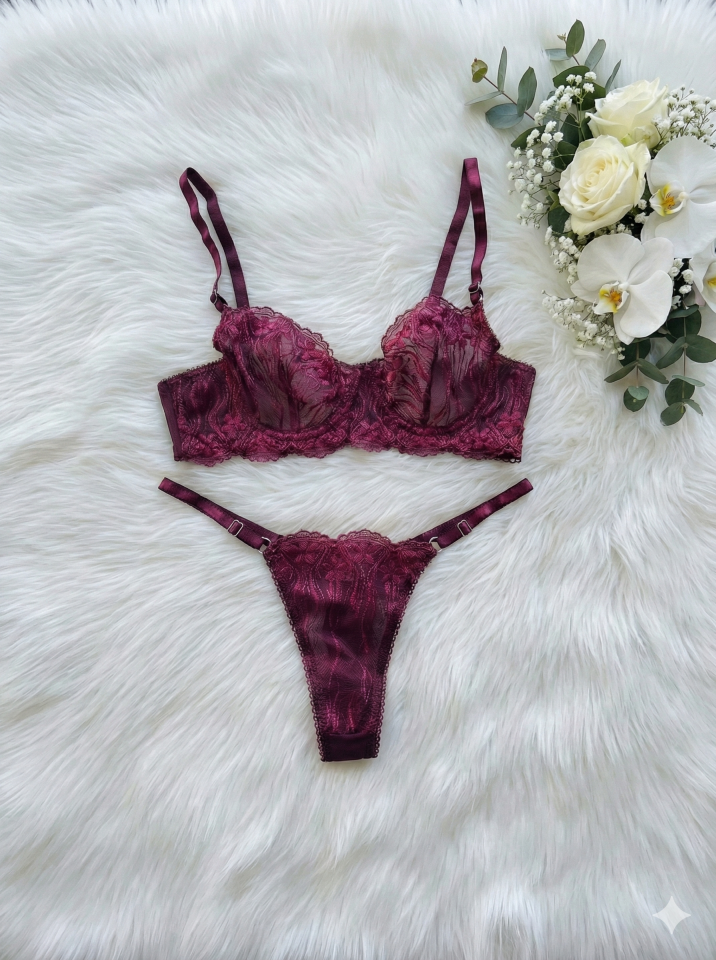 Dantelli Balenli Sütyen Iç Çamaşır Takım 90B - Mürdüm