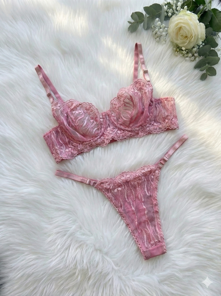 Dantelli Balenli Sütyen Iç Çamaşır Takım 90B - Pembe