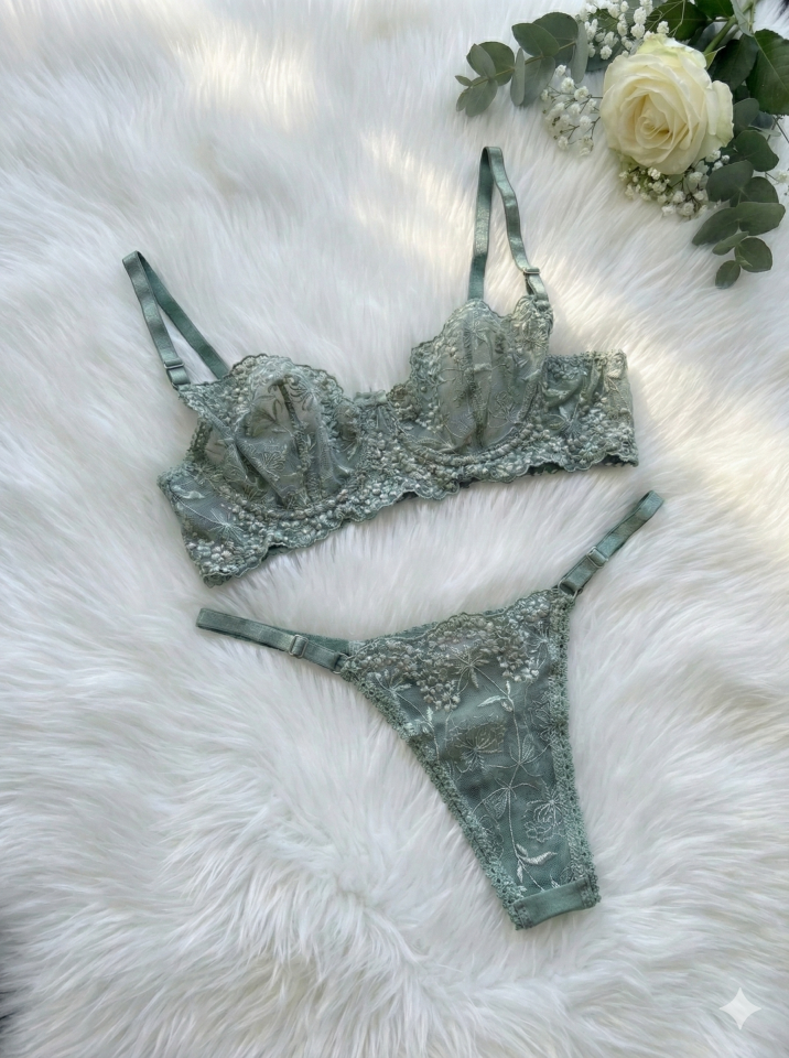 Dantelli Balenli Sütyen Iç Çamaşır Takım 90B - Çağla Yeşili