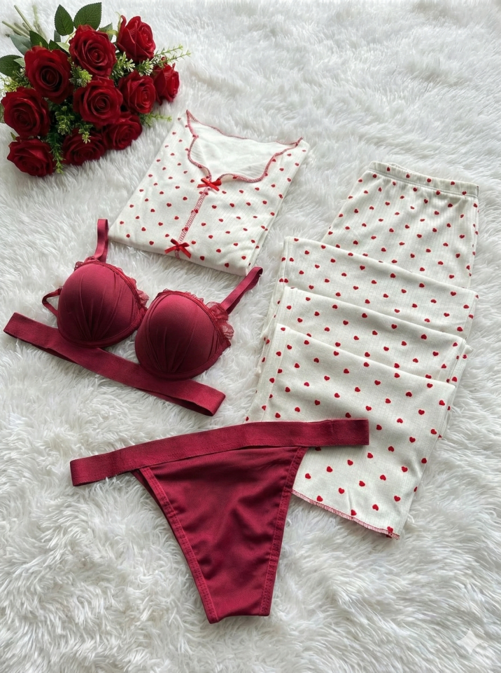 Kadın Uzun Kollu Penye Pijama ve İç Çamaşır Takımı M - Kırmızı