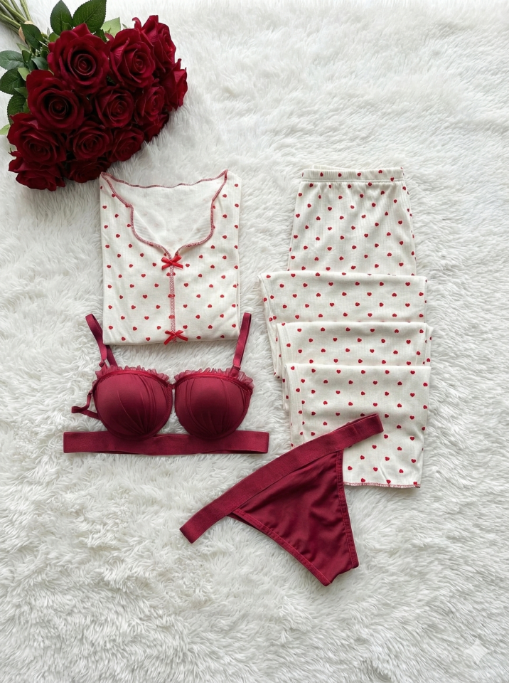 Kadın Uzun Kollu Penye Pijama ve İç Çamaşır Takımı XL - Kırmızı