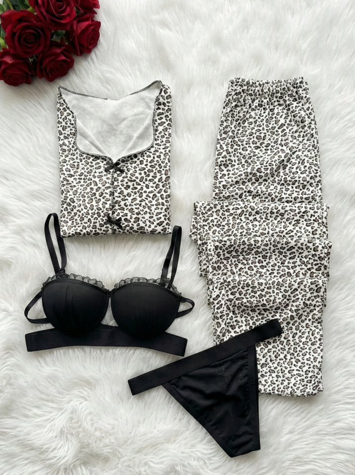 Kadın Uzun Kollu Penye Pijama ve İç Çamaşır Takımı L - Leopar Desenli
