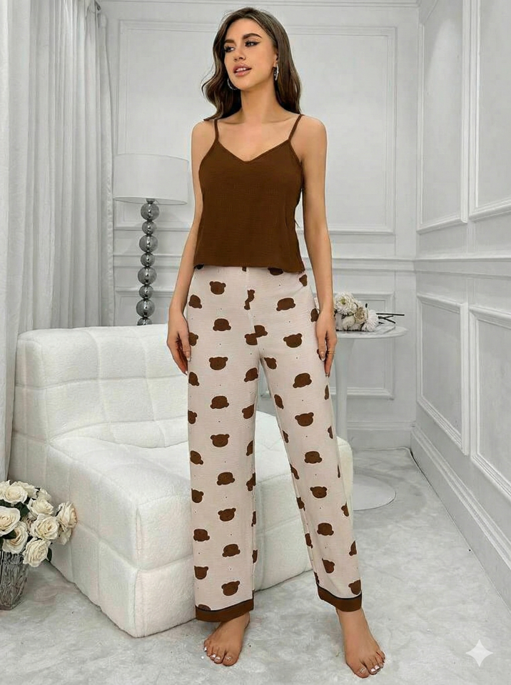 İp Askılı Desenli Pijama Takımı M - Kahverengi