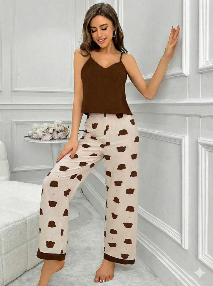 İp Askılı Desenli Pijama Takımı L - Kahverengi