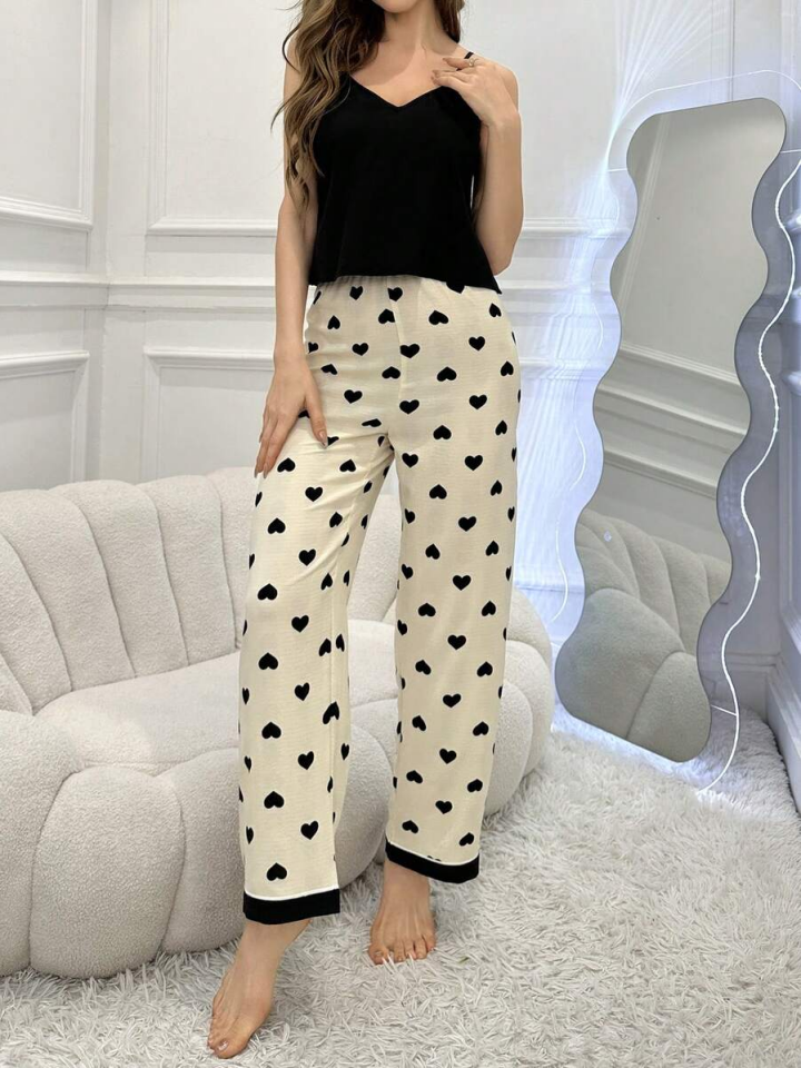 İp Askılı Desenli Pijama Takımı S - Siyah