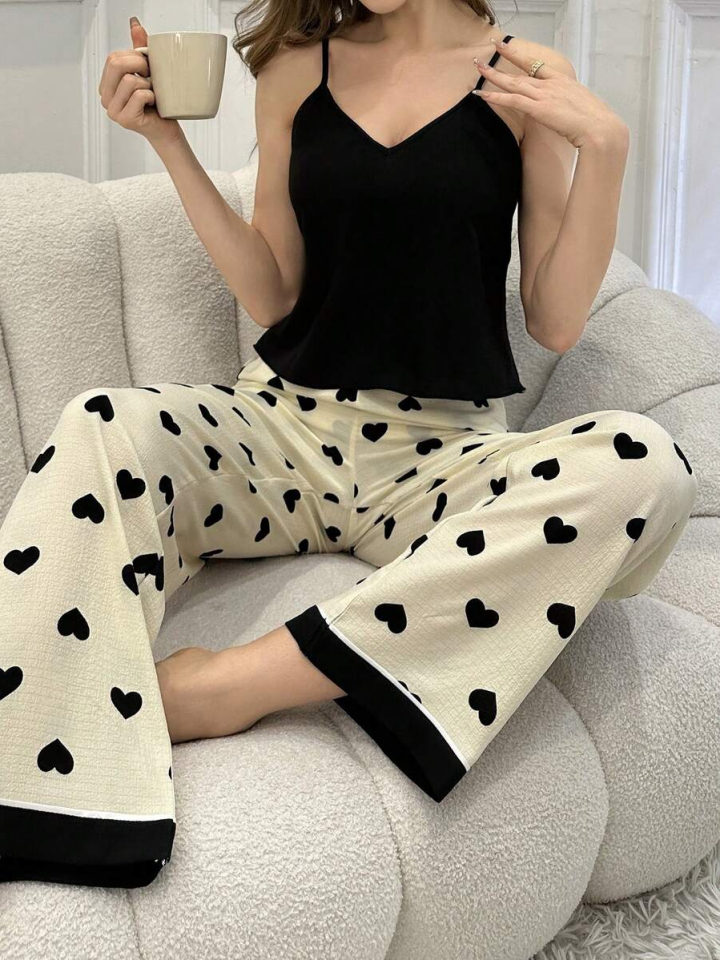 İp Askılı Desenli Pijama Takımı S - Siyah