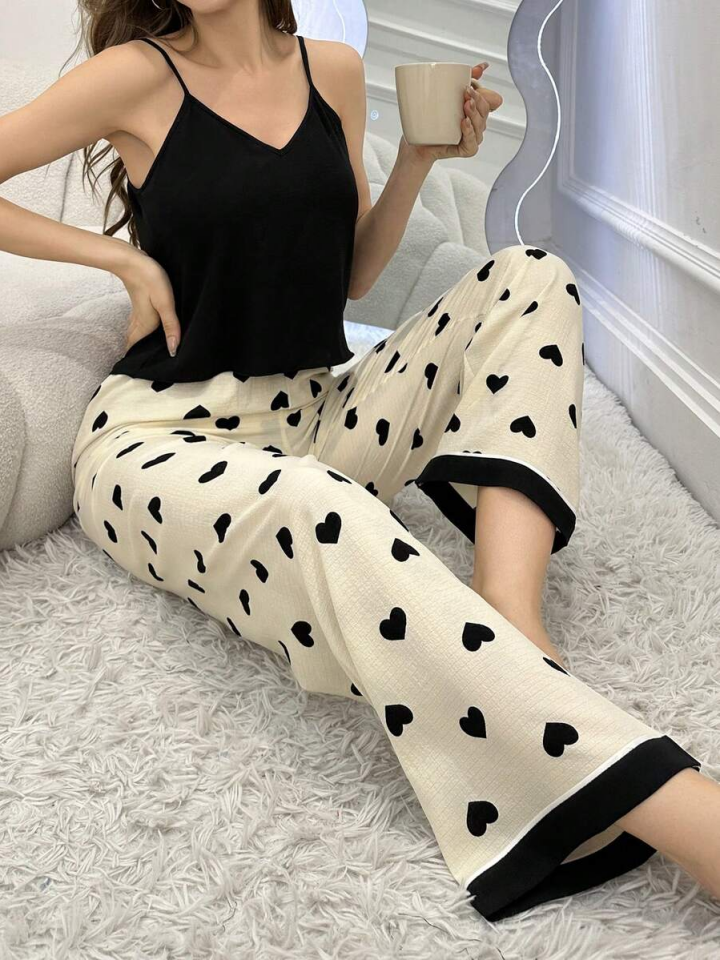 İp Askılı Desenli Pijama Takımı L - Siyah