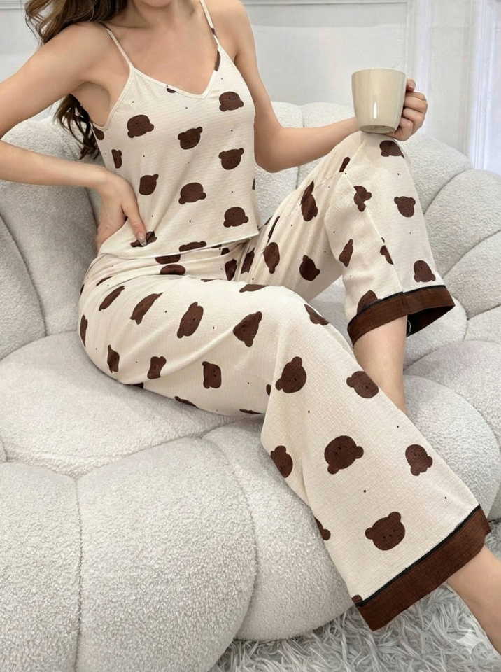 İp Askılı Desenli Pijama Takımı M - Kahverengi Baskılı