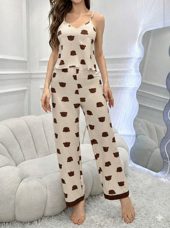 İp Askılı Desenli Pijama Takımı XL - Kahverengi Baskılı