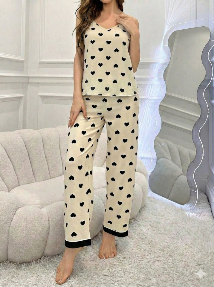 İp Askılı Desenli Pijama Takımı M - Siyah Baskılı