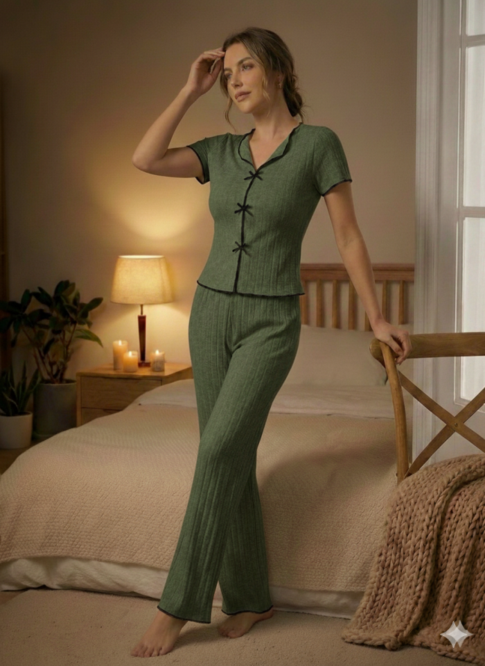 Kadın Siyah Dikiş Detaylı Kısa Kollu Pijama Takımı Haki - S