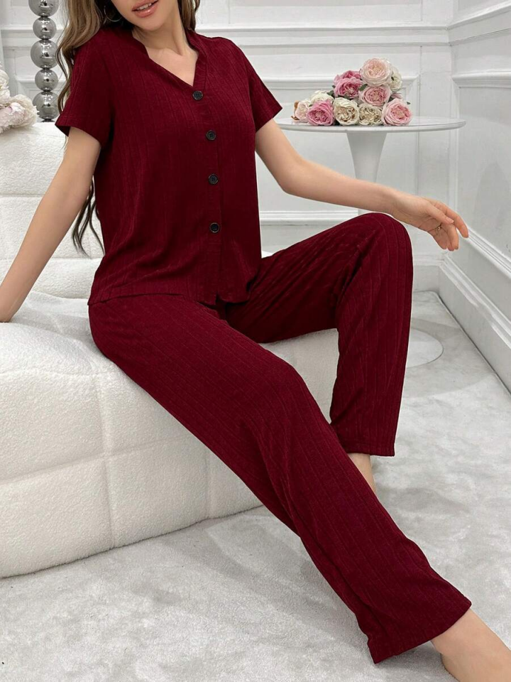 Kısa Kollu Düğmeli Pamuklu Pijama Takımı Bordo - M