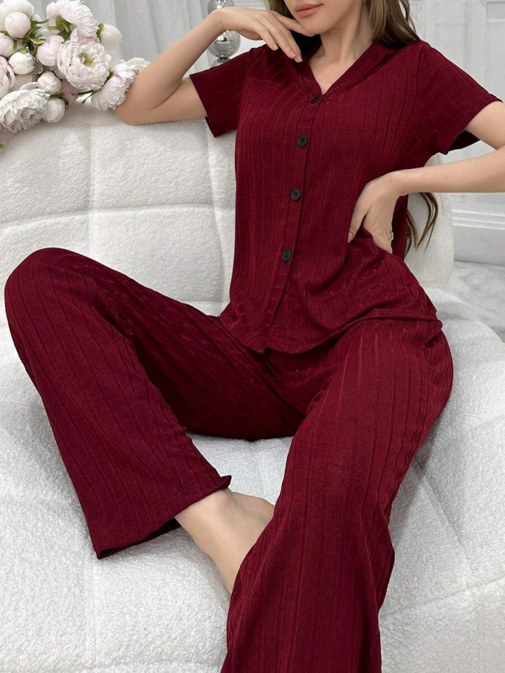 Kısa Kollu Düğmeli Pamuklu Pijama Takımı Bordo - XL