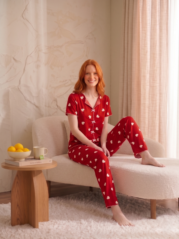Fiyonk Detaylı Kısa Kollu Desenli Pijama Takımı Kırmızı Kalp - M