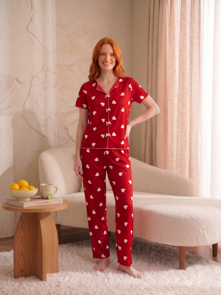 Fiyonk Detaylı Kısa Kollu Desenli Pijama Takımı Kırmızı Kalp - XL
