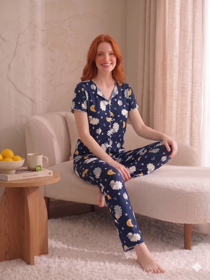Fiyonk Detaylı Kısa Kollu Desenli Pijama Takımı Lacivert Kuzu - M