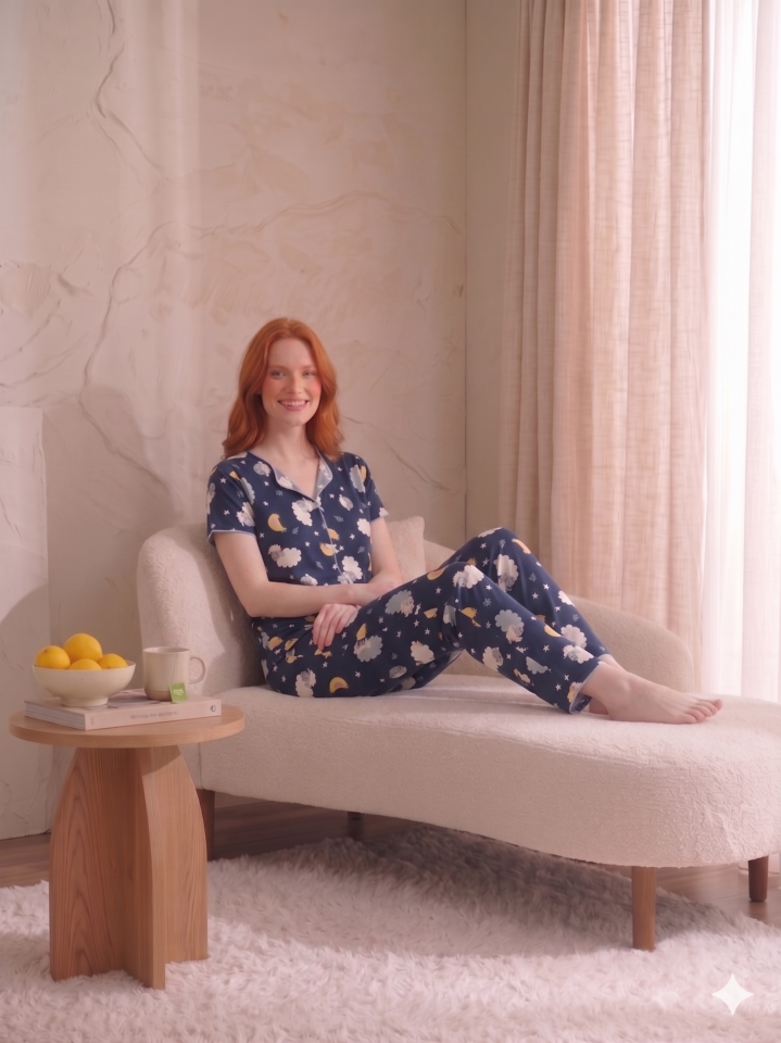 Fiyonk Detaylı Kısa Kollu Desenli Pijama Takımı Lacivert Kuzu - M