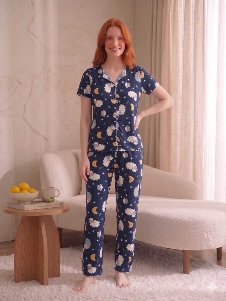 Fiyonk Detaylı Kısa Kollu Desenli Pijama Takımı Lacivert Kuzu - XL