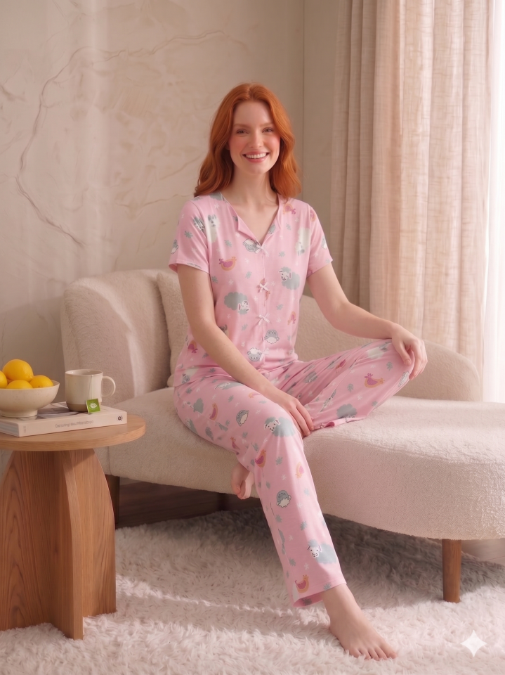 Fiyonk Detaylı Kısa Kollu Desenli Pijama Takımı Pembe Kuzu - M