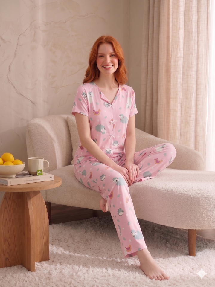 Fiyonk Detaylı Kısa Kollu Desenli Pijama Takımı Pembe Kuzu - M
