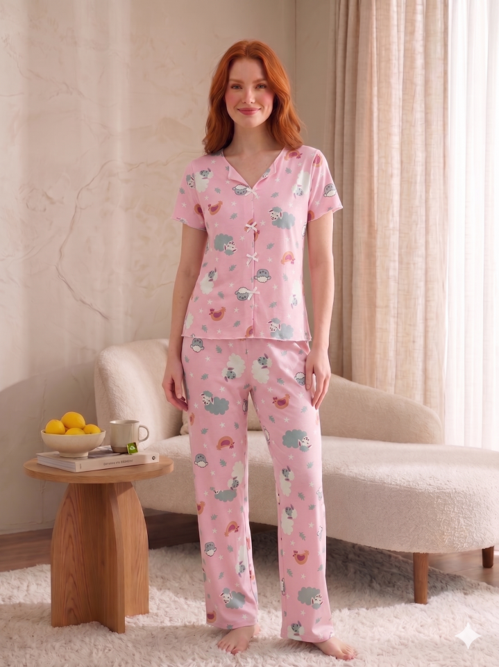 Fiyonk Detaylı Kısa Kollu Desenli Pijama Takımı Pembe Kuzu - L