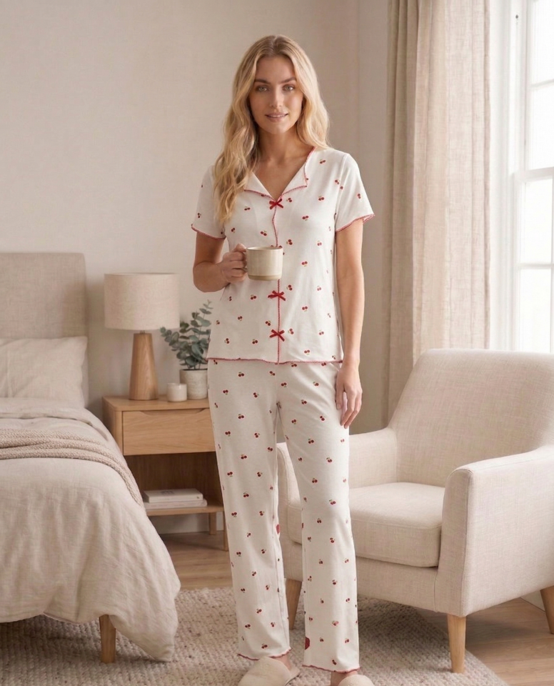 Fiyonk Detaylı Kısa Kollu Desenli Pijama Takımı Beyaz Kiraz - M
