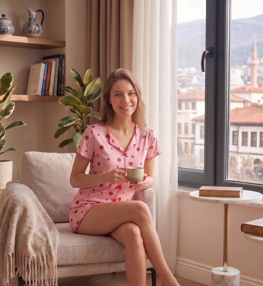 Çilek Desen Fiyonk Detaylı Şortlu Pijama Takımı